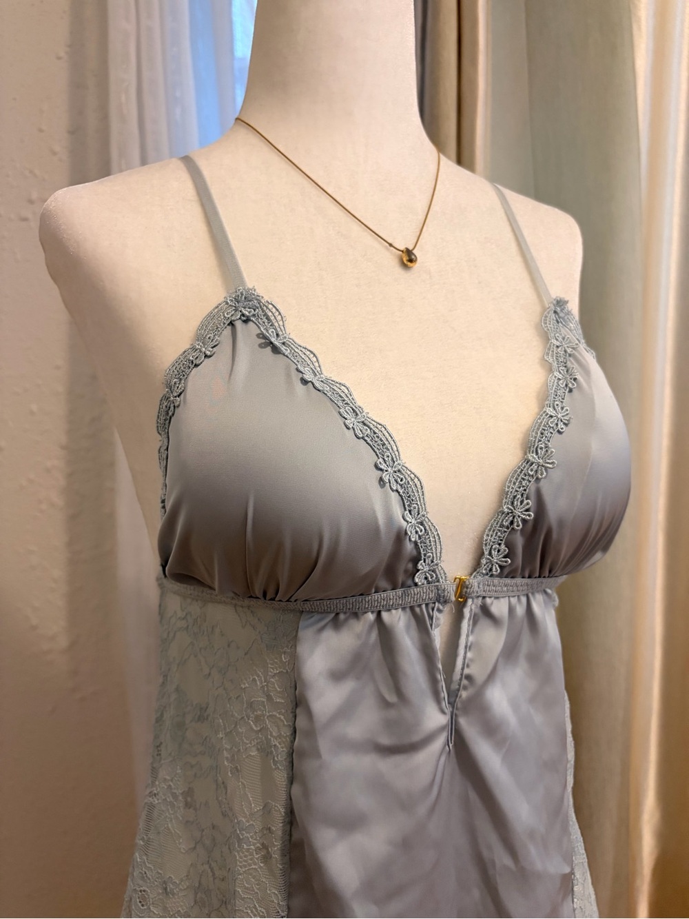 ❤ Free Add-On: Grey Blue Satin & Lace Babydoll